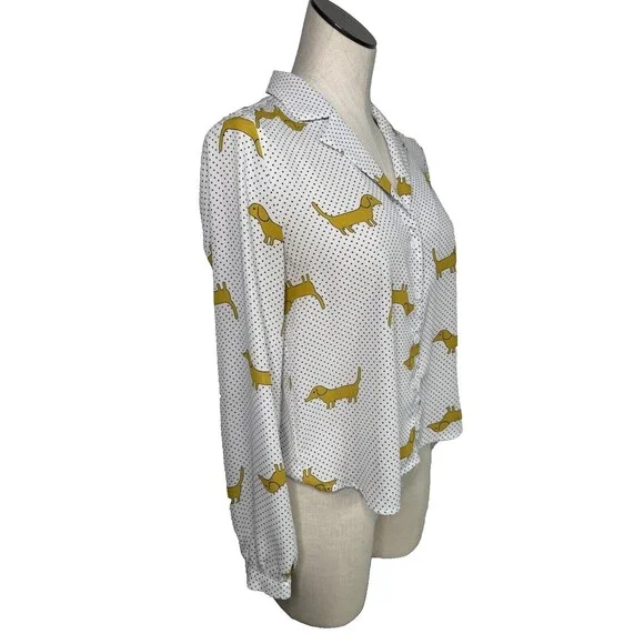 F21 Dachshund Dog Print Button Down Blouse Forever 21 Small - Picture 3 of 12